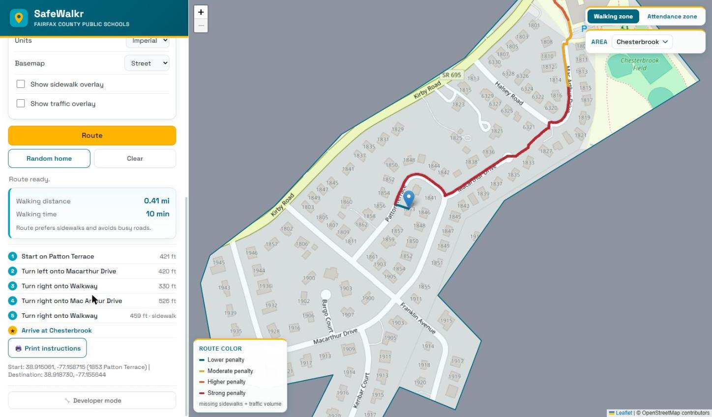 The SafeWalkr map application. A route runs from 1853 Patton Terrace to Chesterbrook, drawn in dark red where the risk is highest. The sidebar reads 0.41 miles, 10 minutes, followed by five turn-by-turn steps, and a legend explains that route colour tracks missing sidewalks and traffic volume.