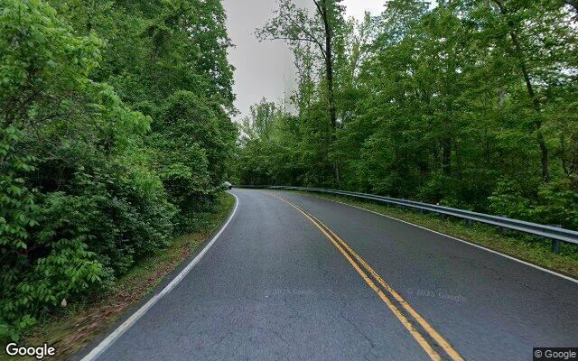Street View capture of a curving two-lane road walled by woods, guardrail on one side and no shoulder to walk on