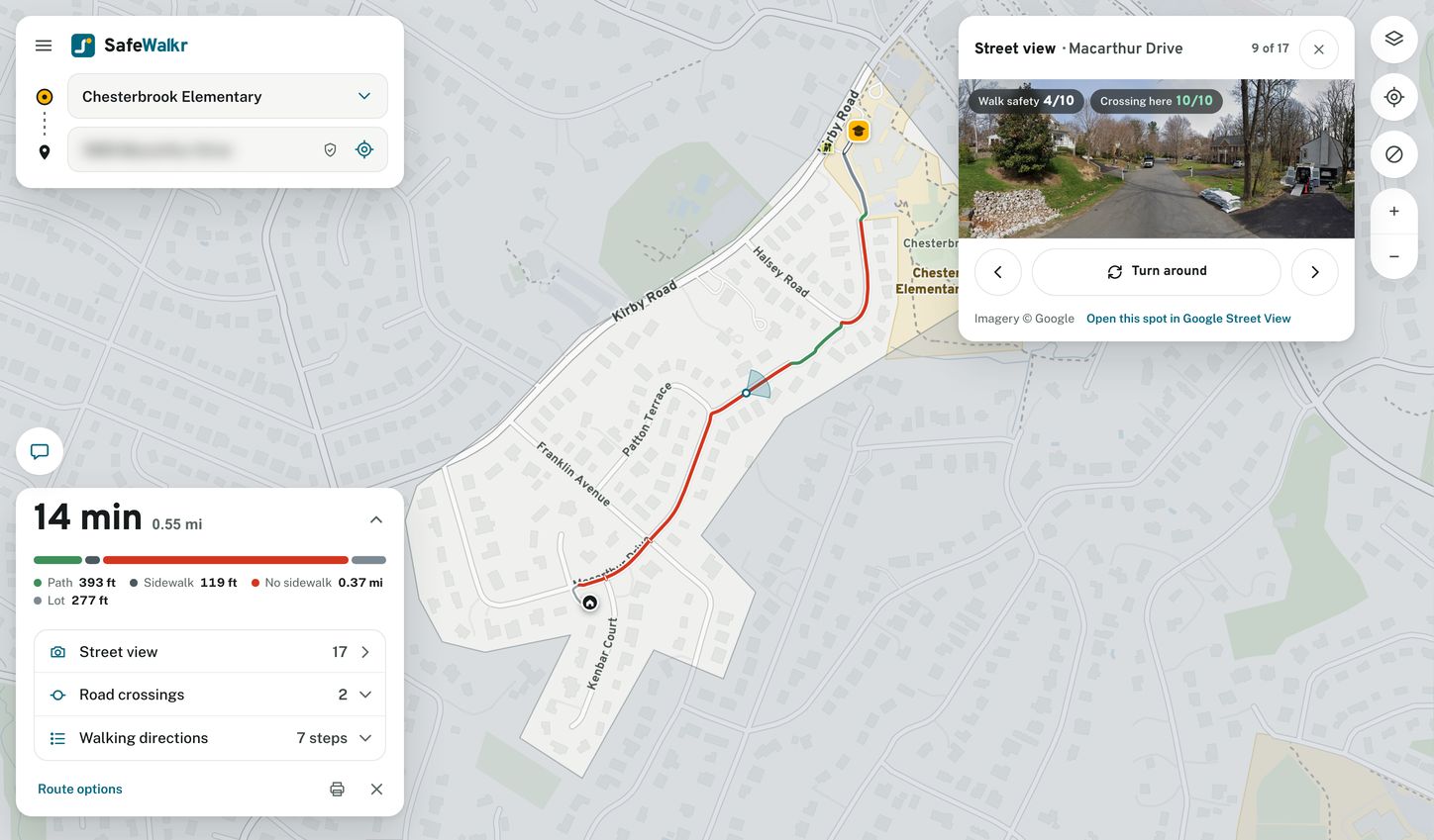 The SafeWalkr map. A walking route runs from a home in the Chesterbrook walking zone to Chesterbrook Elementary, green along paths and red where there is no sidewalk, with its two road crossings marked. The trip card reads 14 minutes and 0.55 miles and breaks the walk down into path, sidewalk, no sidewalk and parking lot. A Street View card shows photo 9 of 17 along the walk, on Macarthur Drive, rated 4 out of 10 for walk safety. The home address is blurred.